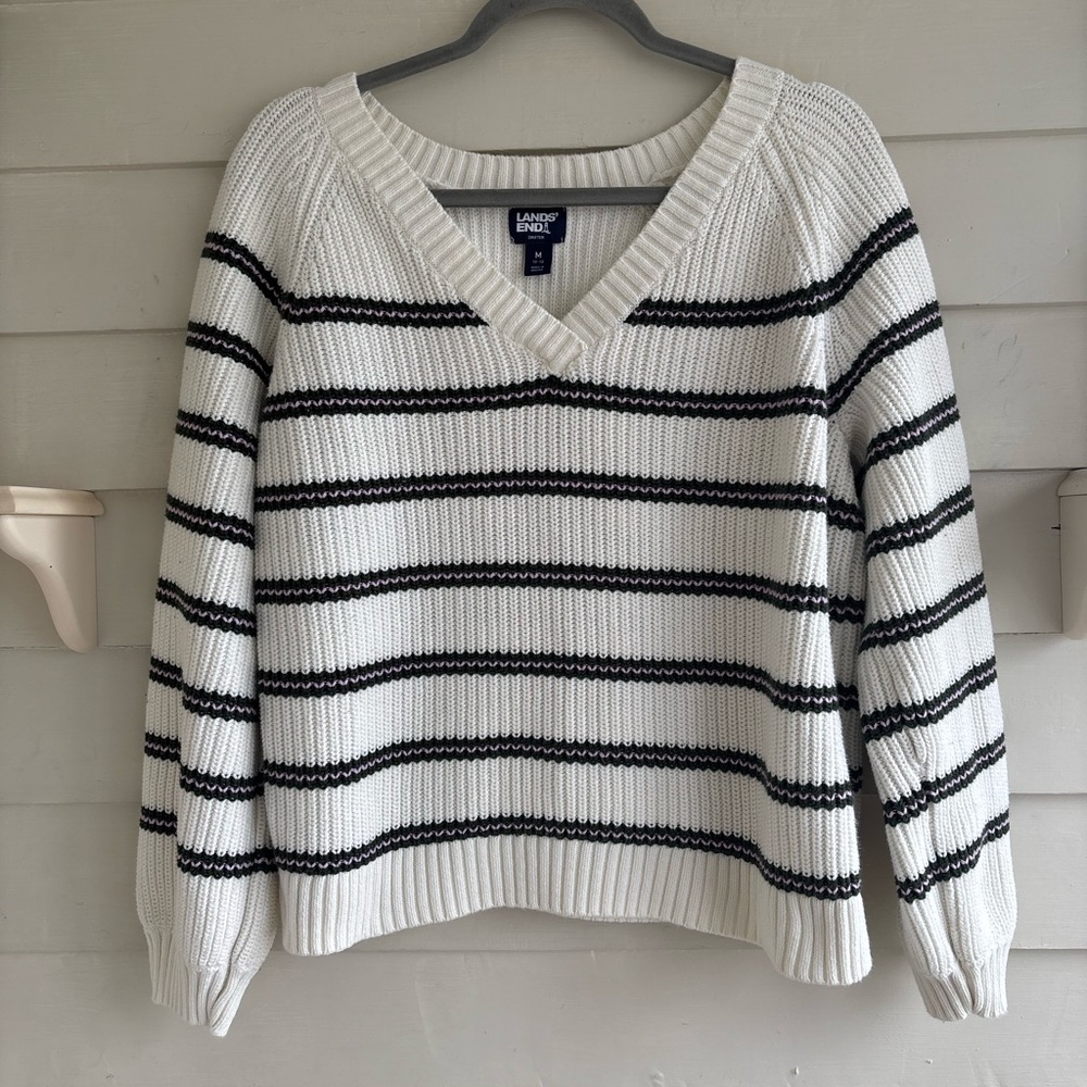 Lands' End Drifter V-Neck Striped Sweater Women’s Size Medium - Picture 1 of 11